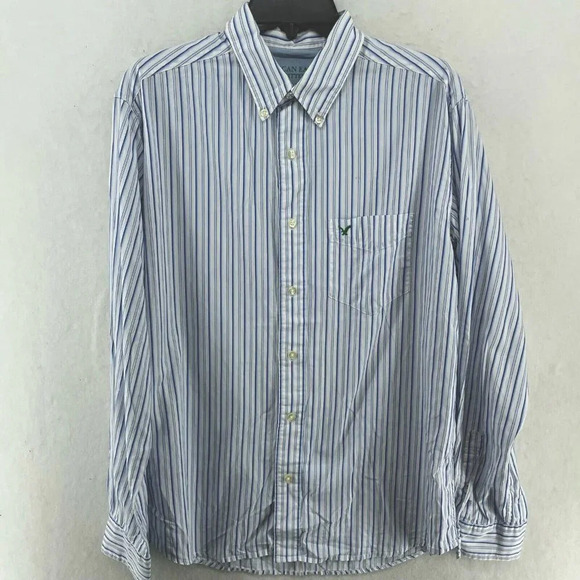 American Eagle Outfitters Button-Down Shirt Men's Sz M Blue Striped Collared - Picture 1 of 11